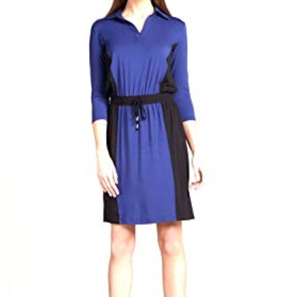 White + Warren Blue Black Tie Waist Dress Size S - Picture 1 of 5